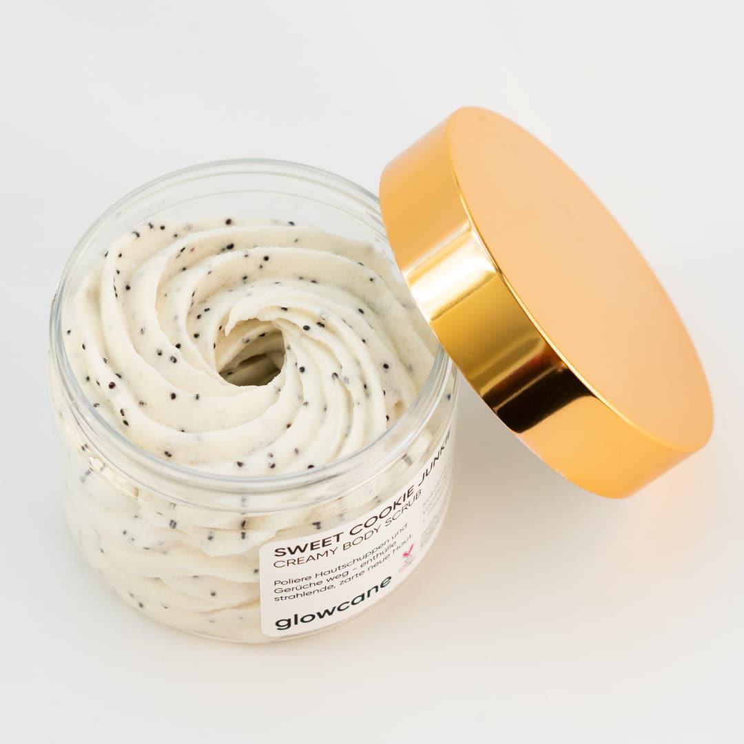 glowcane Sweet Cookie Junkie Creamy Body Scrub geöffnete Dose