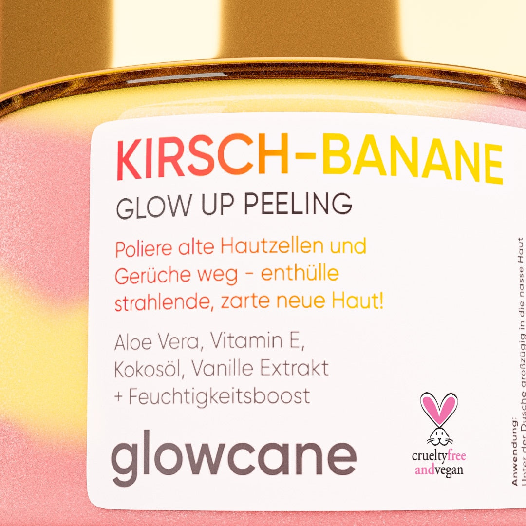 glowcane Glow Up Peeling - Kirsch-Banane Blick aufs Etikett
